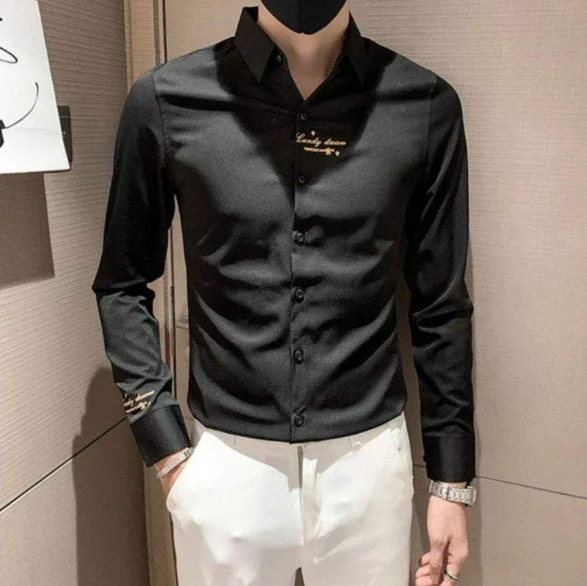 Shirts For Men Long Sleeve Embroidery White Man Shirt Social Cheap Things With Vintage Sleeves Slim Fit Sale Fashion 2025