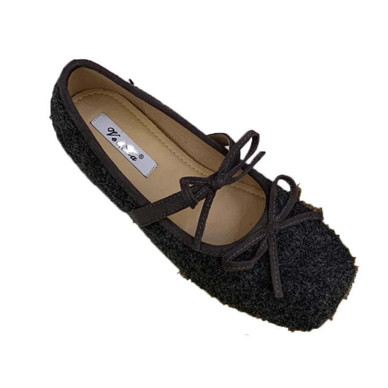 Flats Women's Loafers Shoes Shallow Suede Bow Fashion Shoes Square Toe Casual Dress Autumn 2025 Designer Cozy Zapatos De Mujer
