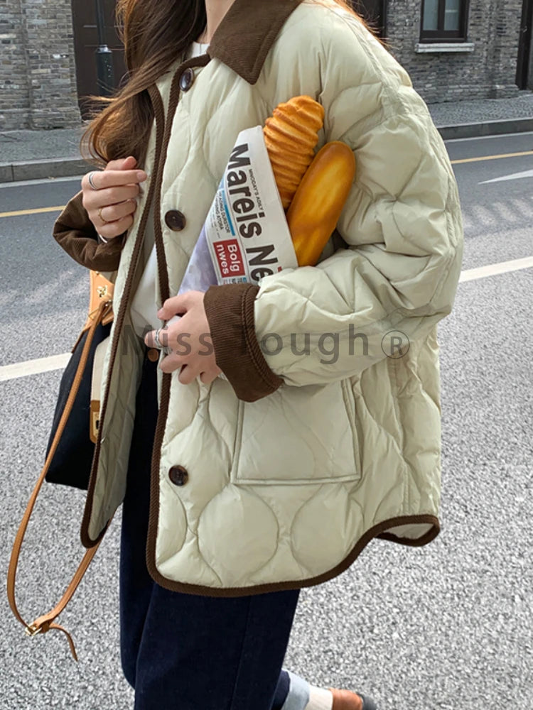 Winter New Fashion Corduroy Light Down Jacket Women Warm Casual Korean Vintage Outdoor Overcoat Loose Retro Cotton-padded Coat