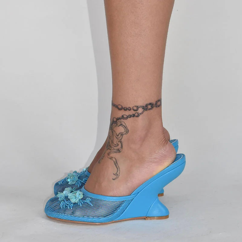 Woman Sandals 2025 Summer Fashion Sexy Hollow Out Strange Style Female Shoes Crystal Flower Decoration High Heel Ladies Slippers