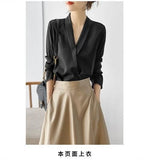 Women's Tunic V Neck Solid Color Elegant Blouses Spring Autumn Office Lady Silk Satin Solid Black White Long Sleeve Shirt Women