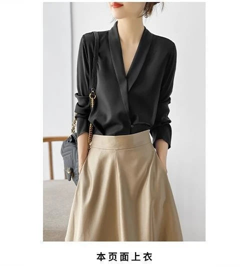 Women's Tunic V Neck Solid Color Elegant Blouses Spring Autumn Office Lady Silk Satin Solid Black White Long Sleeve Shirt Women