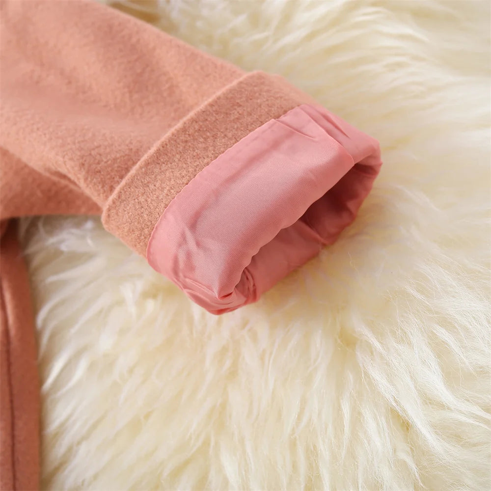 Winter New Girl'S Coat Long Warm Solid Color Fold Lapel Simple Fashion Girl Shawl Long Sleeve Loose Woolen Long Coat