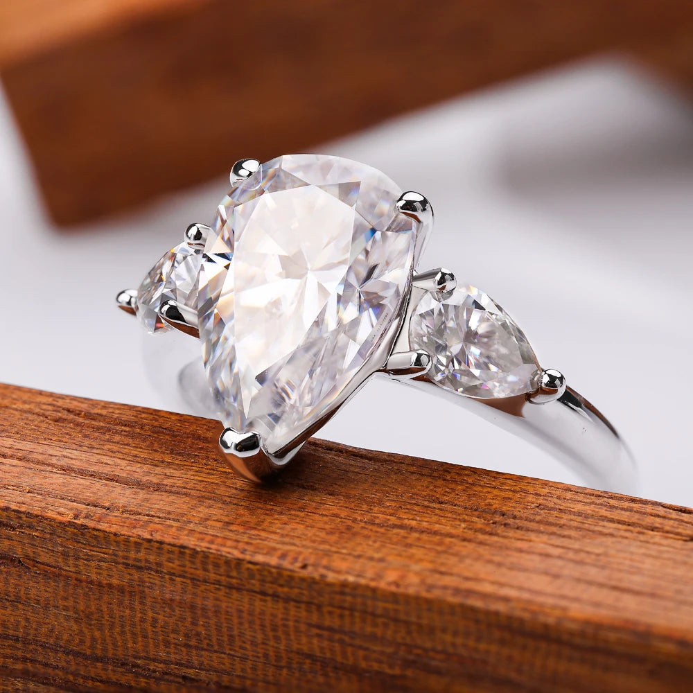 1/2/3/4ct Pear Cut All Moissanite Engagement Rings for Women 925 Sterling Silver 3-Stone Waterdrop Shape Wedding Bands Jewelry