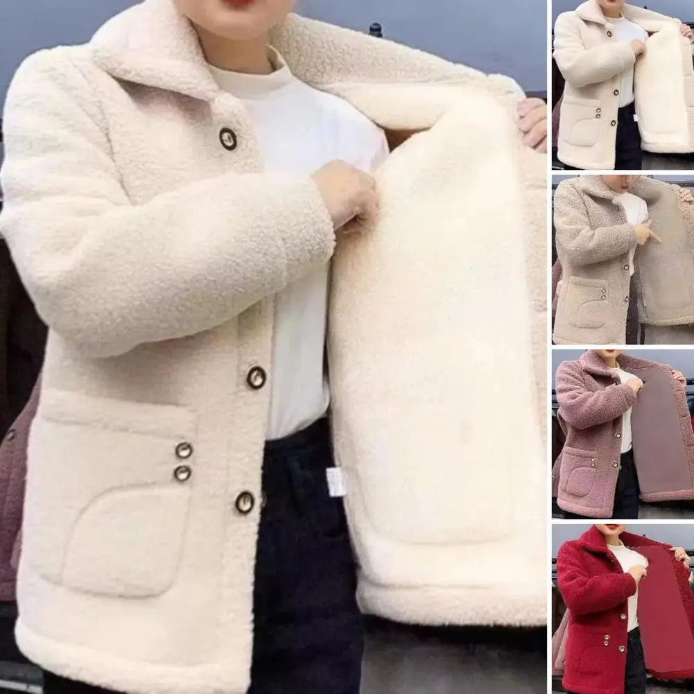 Winter Fleece Coat Single-breasted With Side Pockets Turn-down Collar Coat Coldproof Solid Color Long Sleeves Outwear Jacket