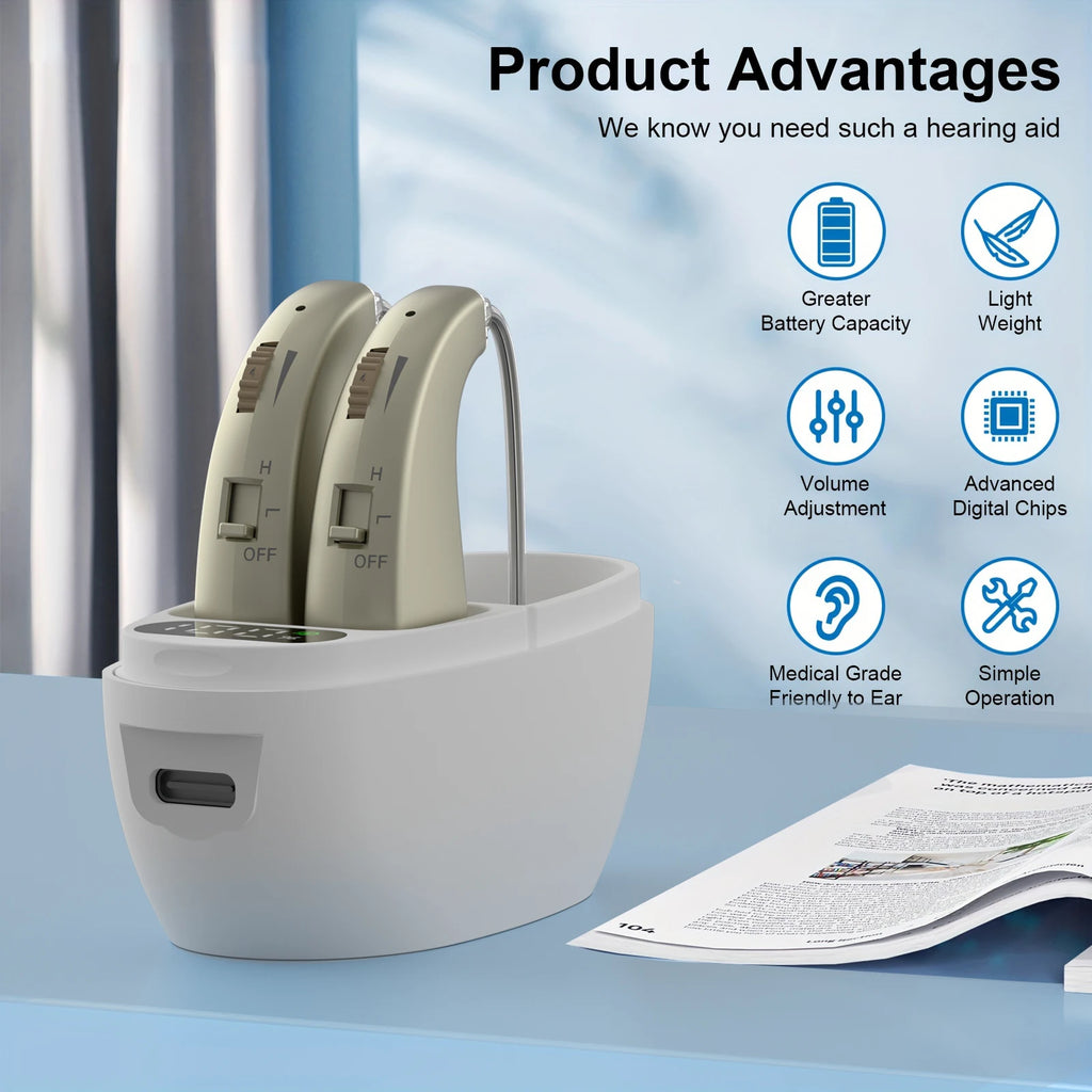 Auxiliary headphones, sound amplifier, noise reduction, adjustable volume, hanging ear with charging case
