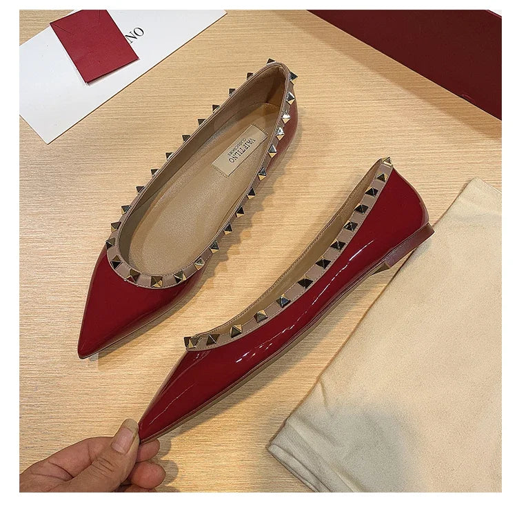 Women's Flat Shoes luxury woman shoes Leather Brand Rivet Flat Shoes Comfortable Casual Outdoor Pointed Toe Shallow Ladies shoes