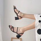 Women Sandals Ladies Square Heels Elegant Summer Slippers Outside Cross Tied Leather Female Slides Fashion Woman Sandals