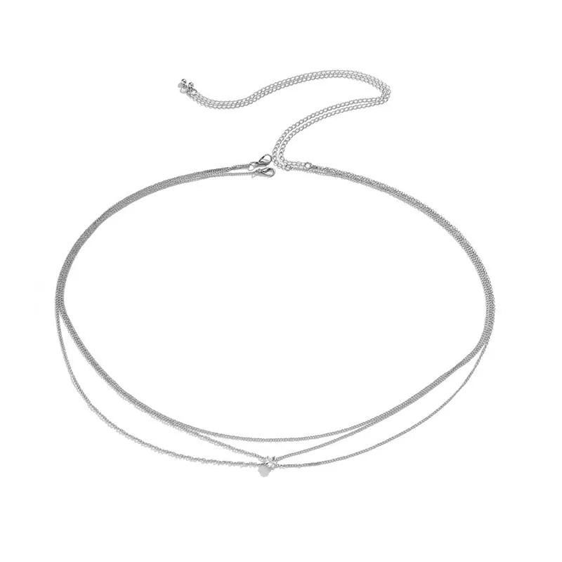 Fashion Metal Double Layered Cross Waist Chain for Women Simple Rhinestone Heart Thin Chain Body Chain Party Jewelry Accessories