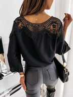 Women's Blouses T-shirt Long Sleeve Lace Stitching White Office Loose Elegant Black Shirt for Women