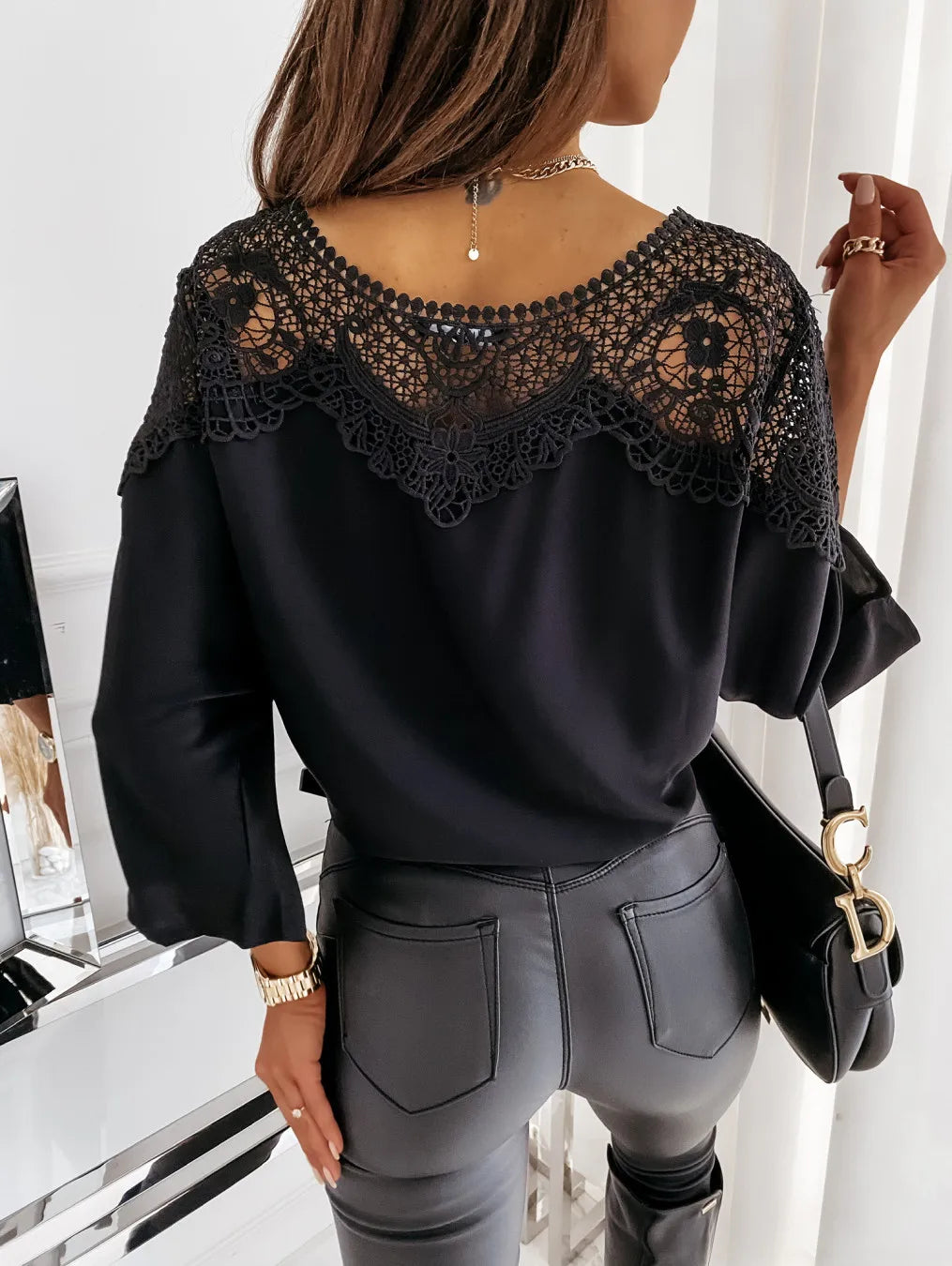 Women's Blouses T-shirt Long Sleeve Lace Stitching White Office Loose Elegant Black Shirt for Women