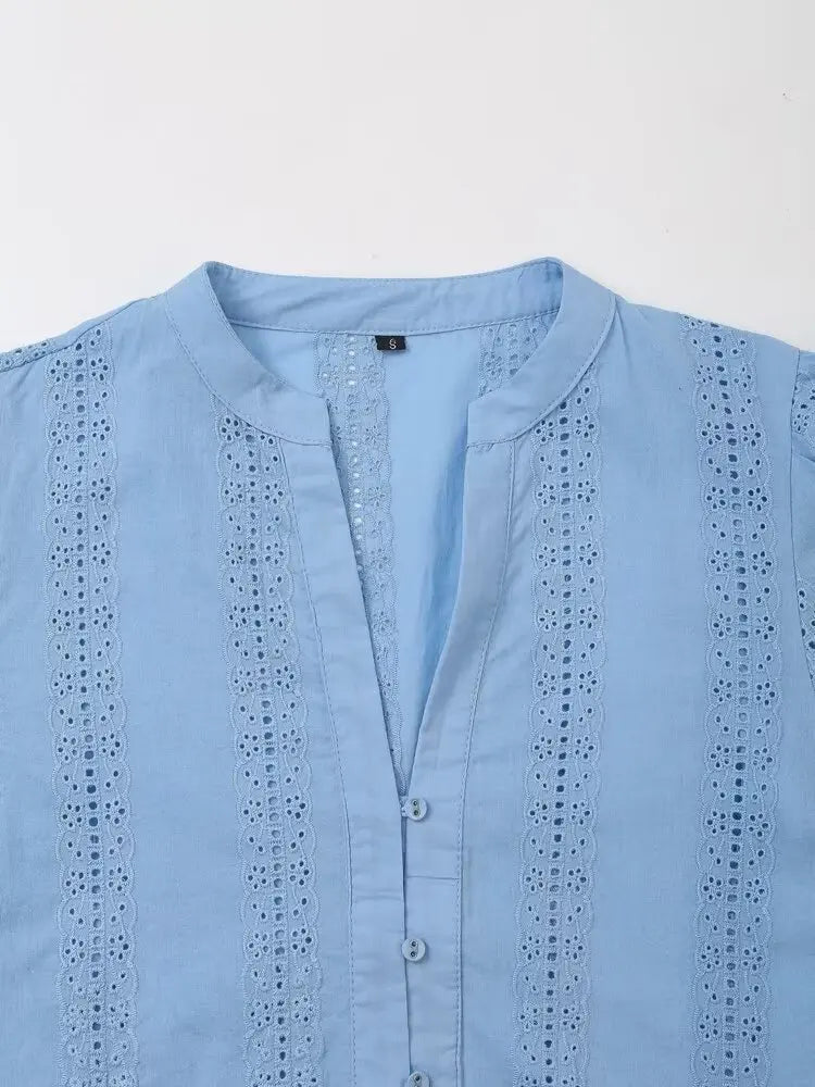 Women's Openwork Embroidered Cropped Shirt Simple V-neck Long-sleeved Single-breasted Casual Blouse Spring Summer Chic Top