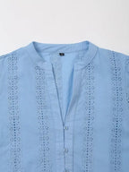 Women's Openwork Embroidered Cropped Shirt Simple V-neck Long-sleeved Single-breasted Casual Blouse Spring Summer Chic Top