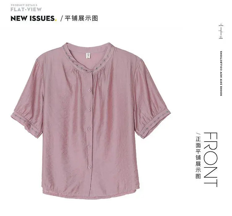 Embroidered Blouse Women Short Sleeve Summer Loose Slimming Top