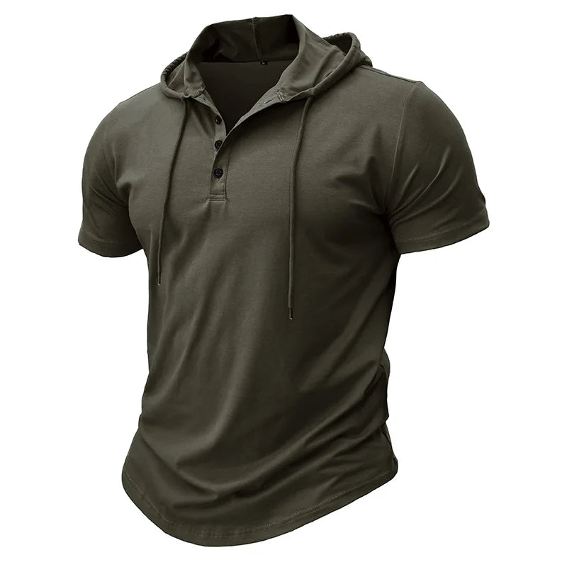 Men's Short-sleeved T-shirts for Sports and Fitness American-style Henley Shirt Hooded Top