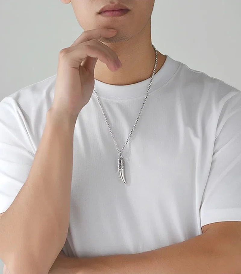 Creative 925 Silver Ethnic Style glossy Necklace Keel chains Banquet faceted wolf tooth Pendant for Men's Retro Jewelry