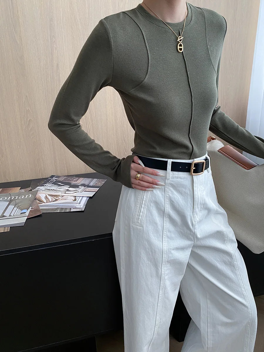 Women's casual stitching slim fit shoulder slimming base long sleeved T-shirt