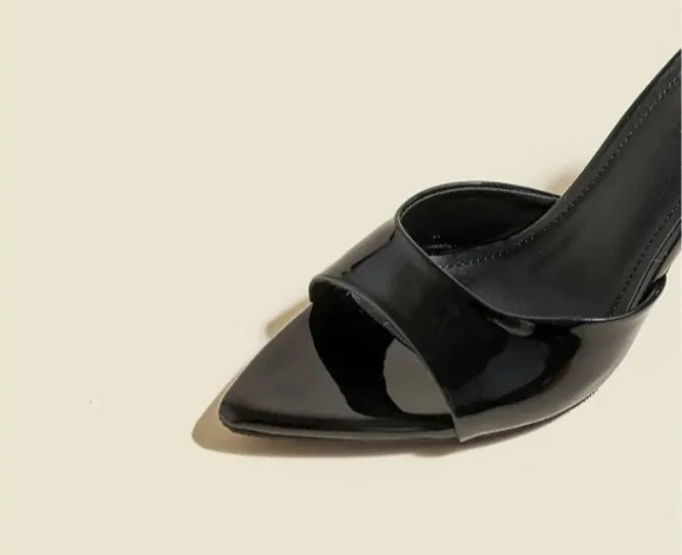 Women's Slippers 2025 New Summer Slim Heel Pointed Toe Worn with A Straight Drag Patent Leather High-heeled Slippers for Womens