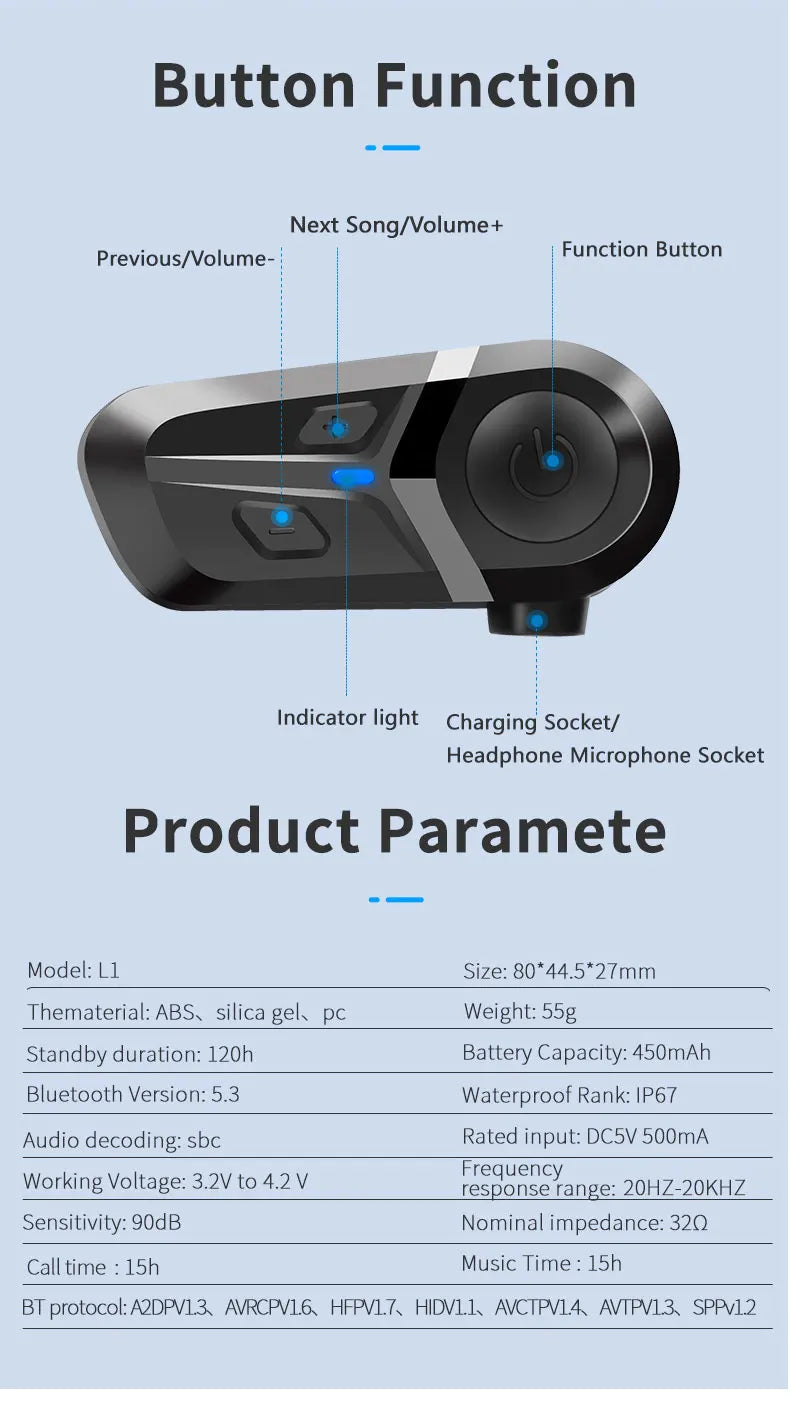 Motorcycle Earphones Helmet Headset Bluetooth 5.3 Headphones Wireless Motor Headset Bike Earphone Handsfree Stereo Earbud