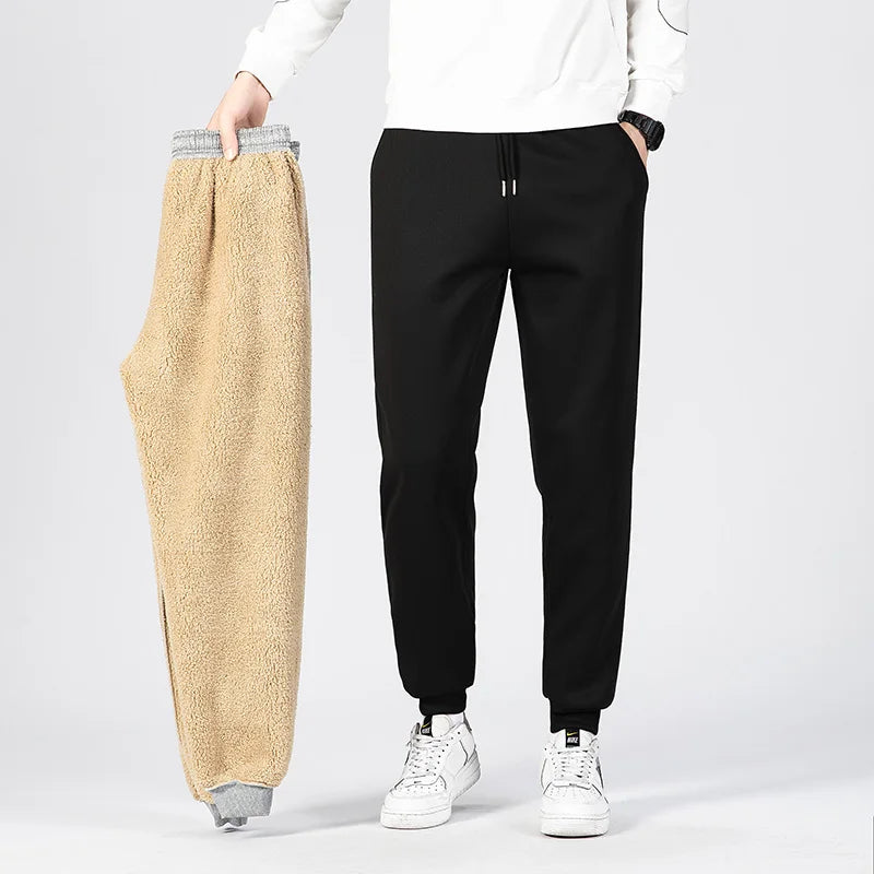 Pants for men in autumn and winter, thickened with fleece for outerwear, casual pants, warm lamb wool sports sweatpants