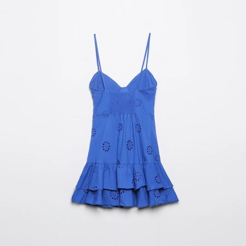 Women's Stitch Slim Short Dress V-neck Strap Sleeveless Hollow Embroidered Zipper Stacked Backless Summer New Sexy Dress