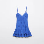 Women's Stitch Slim Short Dress V-neck Strap Sleeveless Hollow Embroidered Zipper Stacked Backless Summer New Sexy Dress