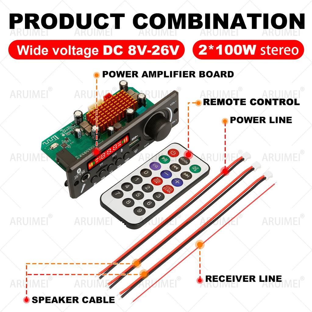 Handsfree 200W Amplifier Bluetooth DIY MP3 Decoder board 12V Wireless Car MP3 Player Record USB TF AUX FM Radio Folder Switching