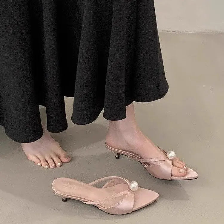 High Heels Slippers Women Bead Pointed Toe Sandals Shoes Summer 2025 Trend Sexy Open Toe Woman Brand Designer Sandalias Pumps