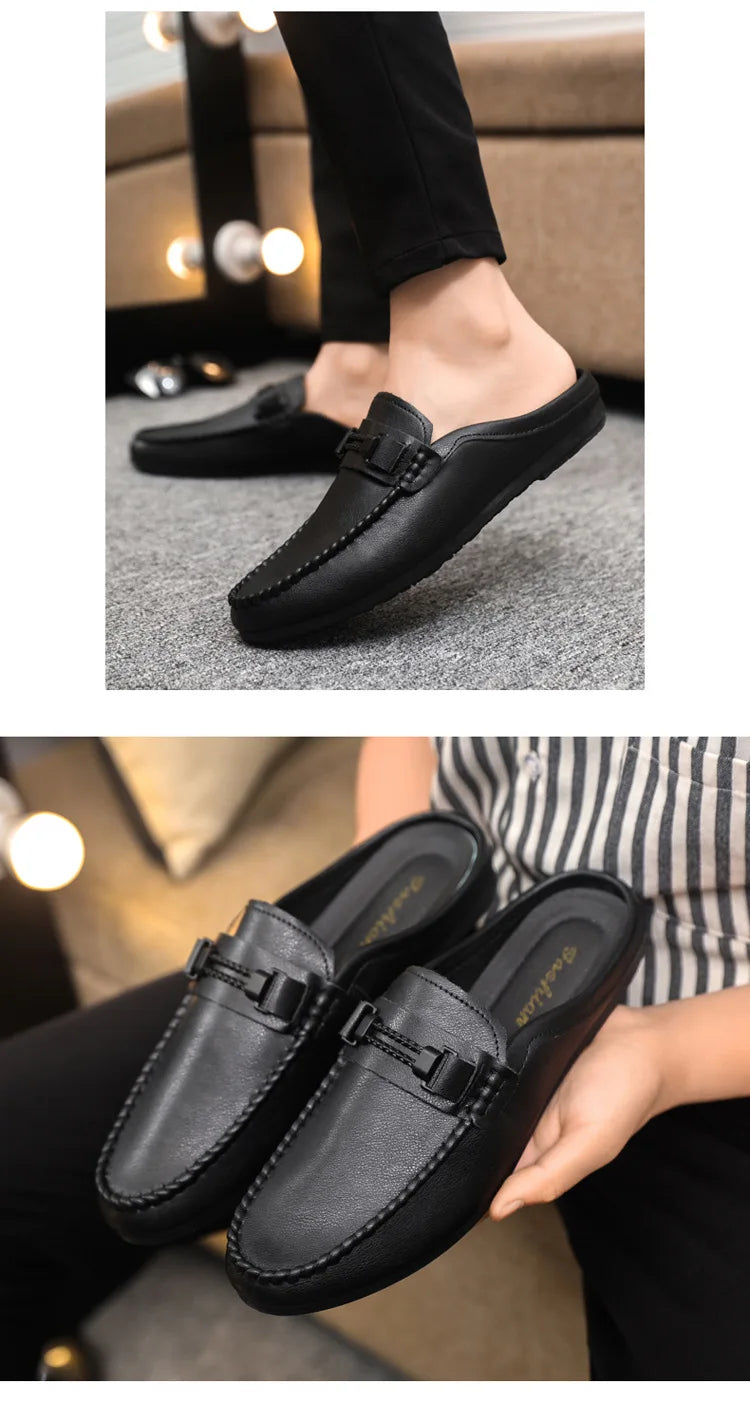 Men Half Slippers 2025 Summer Breathable Mens Casual Shoes Comfortable Walking Loafers Moccasins PU Leather Men Fashion Slippers