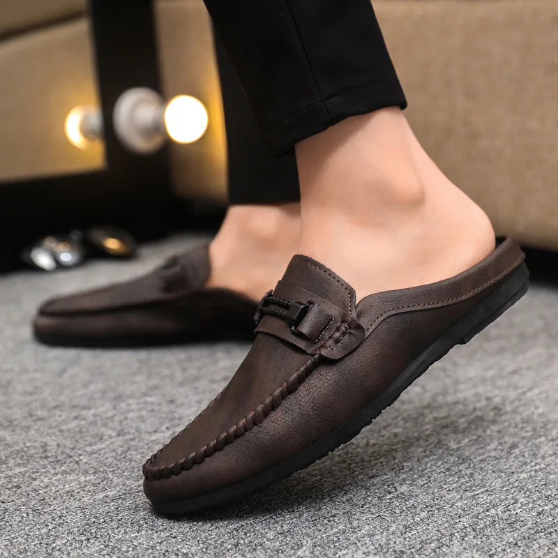 Men Half Slippers 2025 Summer Breathable Mens Casual Shoes Comfortable Walking Loafers Moccasins PU Leather Men Fashion Slippers