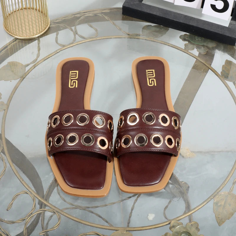 Women's slippers 2025 new summer wear casual hollow fashion Joker slippers square sandals light flat bottomed drag