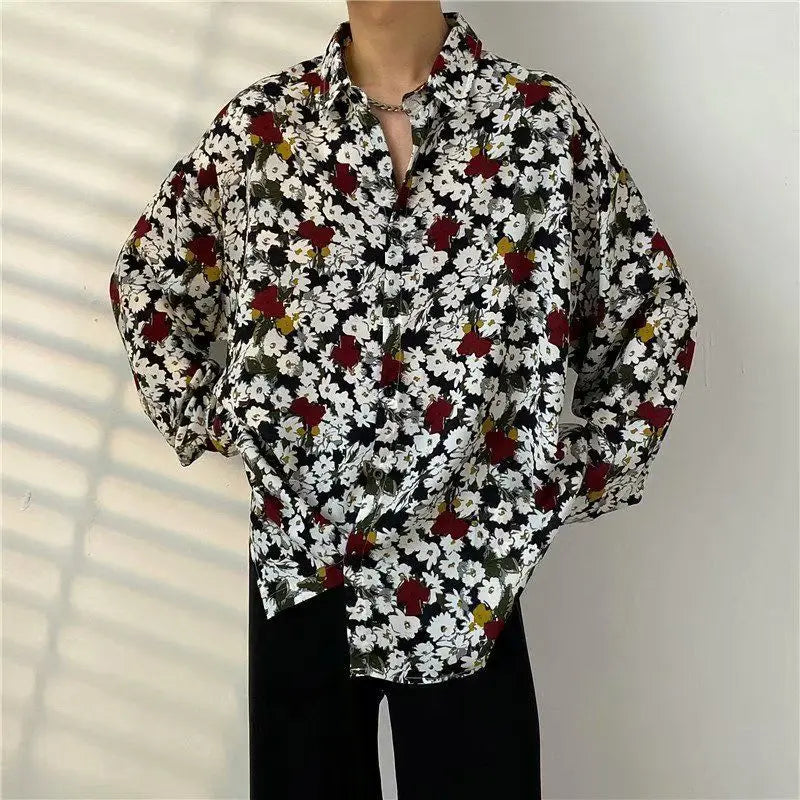 Shirt Men's Design Sense Is Niche Japanese Retro with Floral Patterns Lazy Style Rugged and Handsome Long Sleeved Shirt