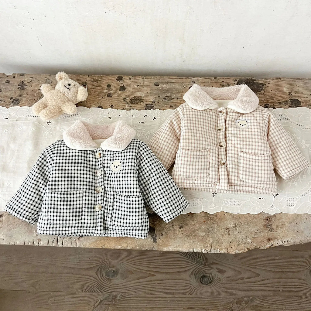 Winter Baby Girl Clothing  Plaid Coat Warm Fleece Lined Cartoon Bear Embroidery Children Cotton Padded Jacket