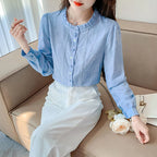 Woman's Embroidery Cotton Long-Sleeved Shirt New Stand Collar Stitching Ruffled Shirts Female Temperament Age-Reducing Thin Top