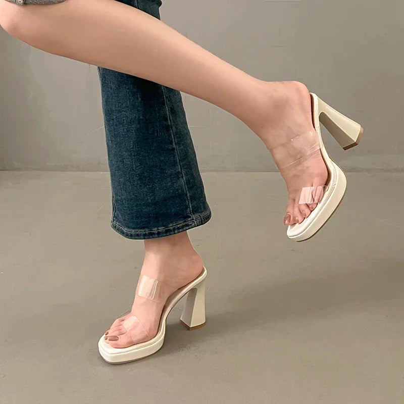 Women's Summer High Heels Sandals Sexy Fashion Open-toe Women Platform Mules Slippers Luxury Causal Elegant Ladies Clear Sandals
