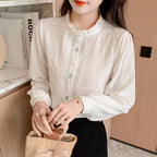 Woman's Embroidery Cotton Long-Sleeved Shirt New Stand Collar Stitching Ruffled Shirts Female Temperament Age-Reducing Thin Top