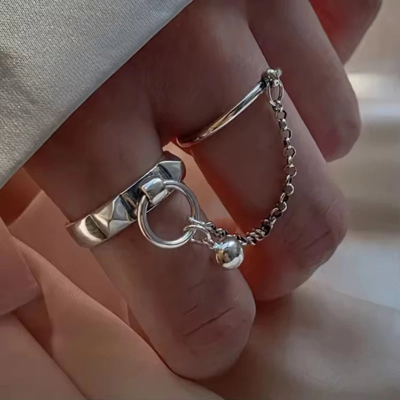 Real 925 Sterling Silver Retro Round Geometric Ring For 2 Rings Women Chain Vintage Fine Jewelry Minimalist Accessories Gift