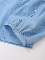 Women's Openwork Embroidered Cropped Shirt Simple V-neck Long-sleeved Single-breasted Casual Blouse Spring Summer Chic Top