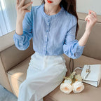 Woman's Embroidery Cotton Long-Sleeved Shirt New Stand Collar Stitching Ruffled Shirts Female Temperament Age-Reducing Thin Top