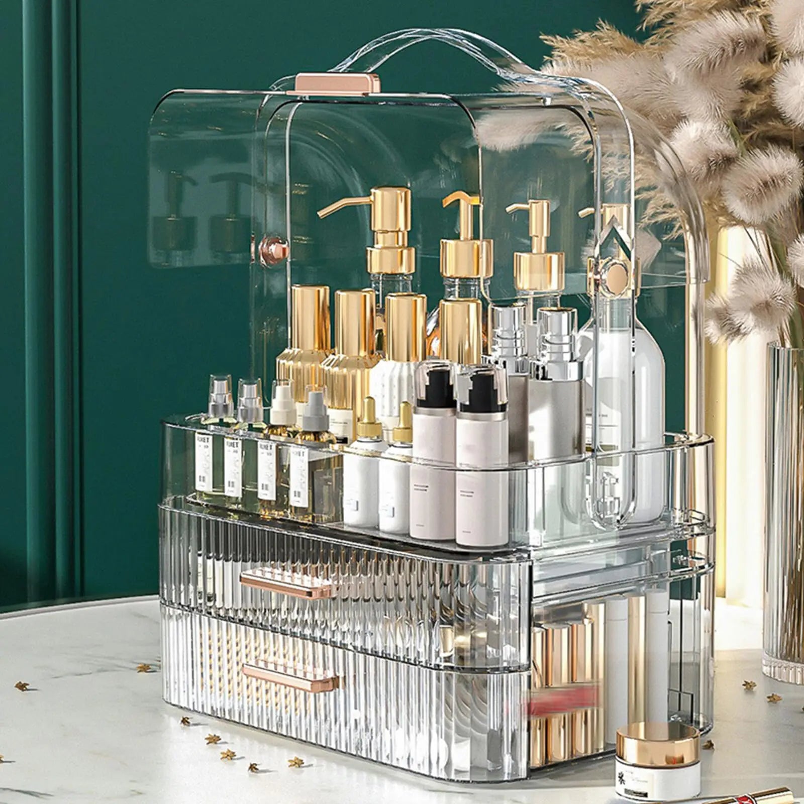 Cosmetics Storage Box With Lid and Handle Large Makeup Organizer Box Drawers for Skincare Display Cases Countertop, Bathroom