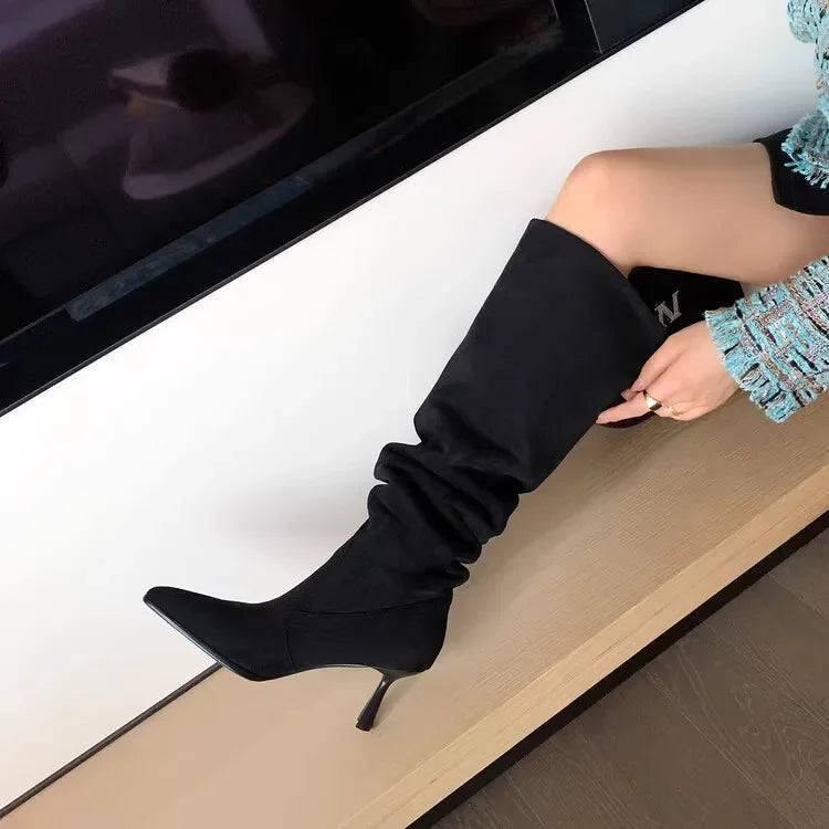 Women Pointed Toe Thin High Heels Ankle Boots  Autumn Fashion Pleated Cowboy Women Faux Suede Woman Slip on Western Botas