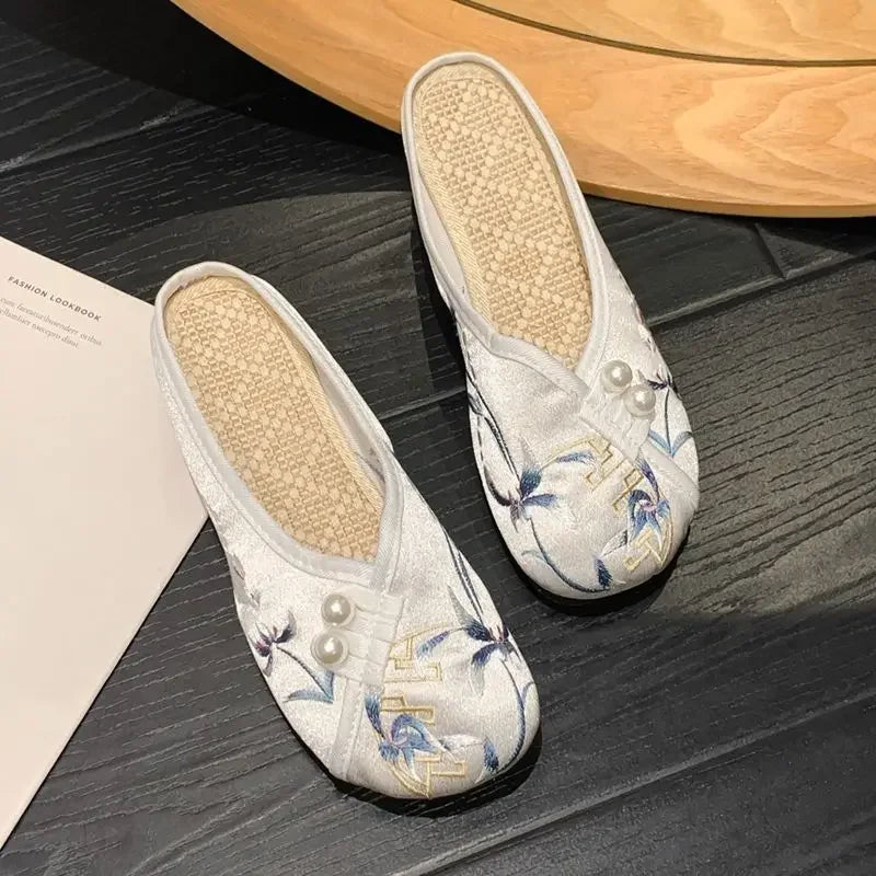 Woman Slippers Spring Autumn Soft Sole Baotou Flats Embroider Home Slippers Casual Shoes for Women Ethnic Style Outdoor Slippers