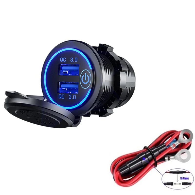 Quick Charge 3.0 Dual USB Fast Car Charger Socket Accessories Waterproof 12V/24V QC3.0 Power Outlet with Touch Switch&Led Light