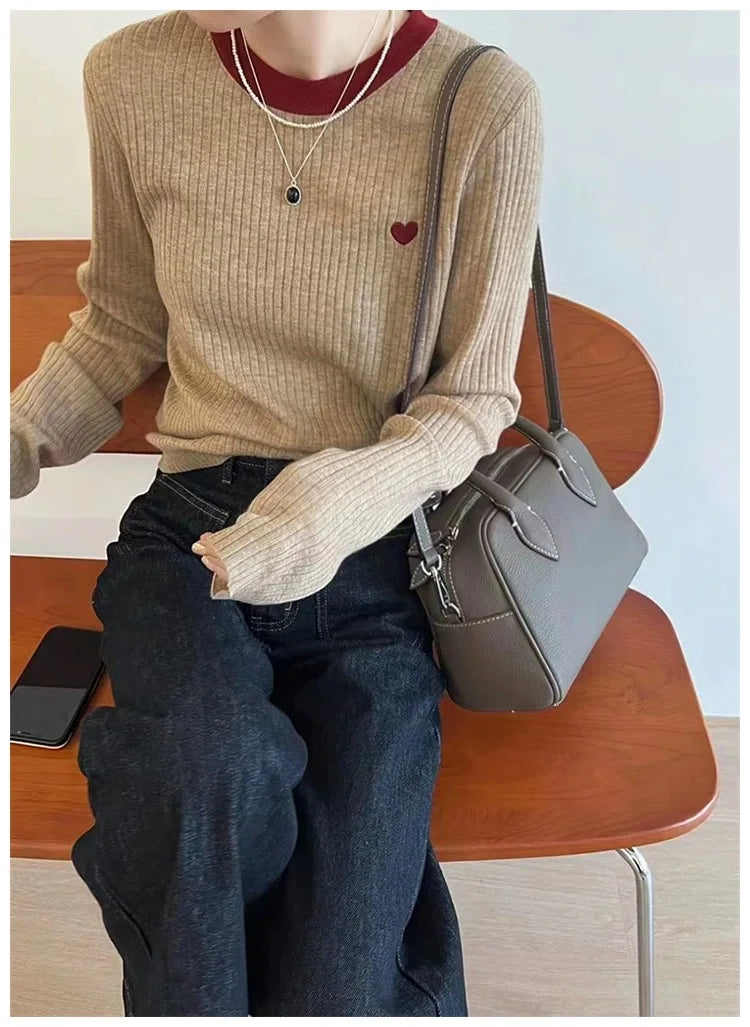 Women's Pullover Autumn/Winter 100% Wool Sweater Stitching Casual Knit Sweater Round Neck Tops Ladies Clothes Embroidery Blouse