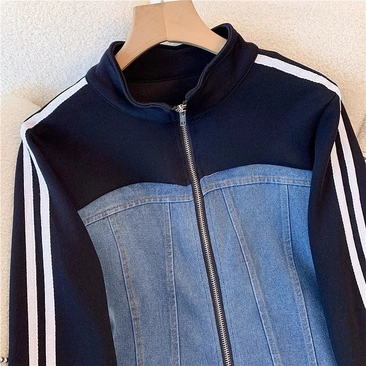 Pant Set Women Two Piece Sets Denim Splice Zipper Matching Sets Casual Coats Wide Leg Long Pants Lace Up Elastic Waist 2025