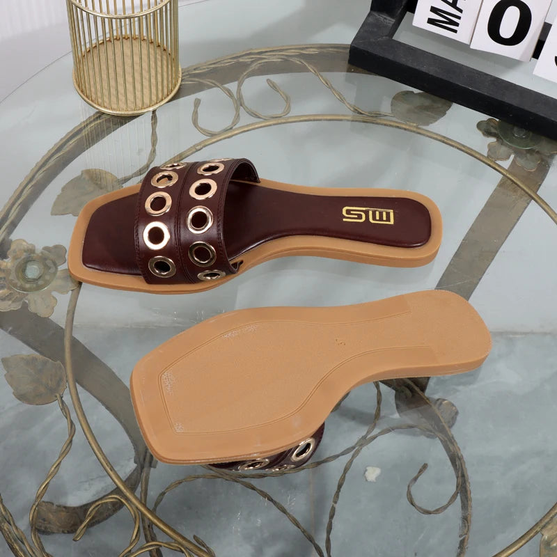 Women's slippers 2025 new summer wear casual hollow fashion Joker slippers square sandals light flat bottomed drag