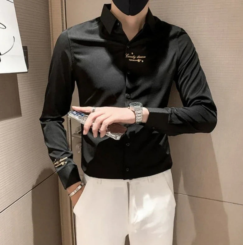 Shirts For Men Long Sleeve Embroidery White Man Shirt Social Cheap Things With Vintage Sleeves Slim Fit Sale Fashion 2025