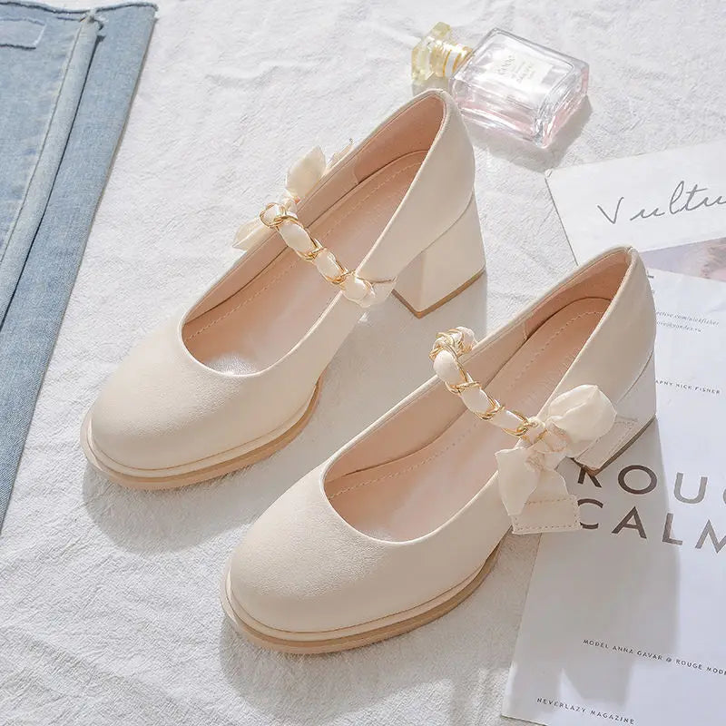 High Heels Shoes for Woman 2024 Pumps Square Toe Gothic Women's Summer Footwear Mary Jane Japanese Style Lolita with Bow White A