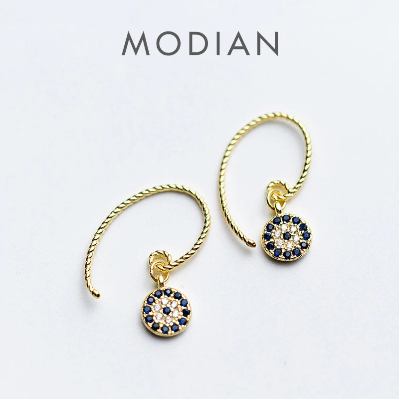 Modian New Blue Crystal Round Eyes Dangle Earrings for Women 925 Sterling Silver Gold Color Fashion Party Jewelry Gifts