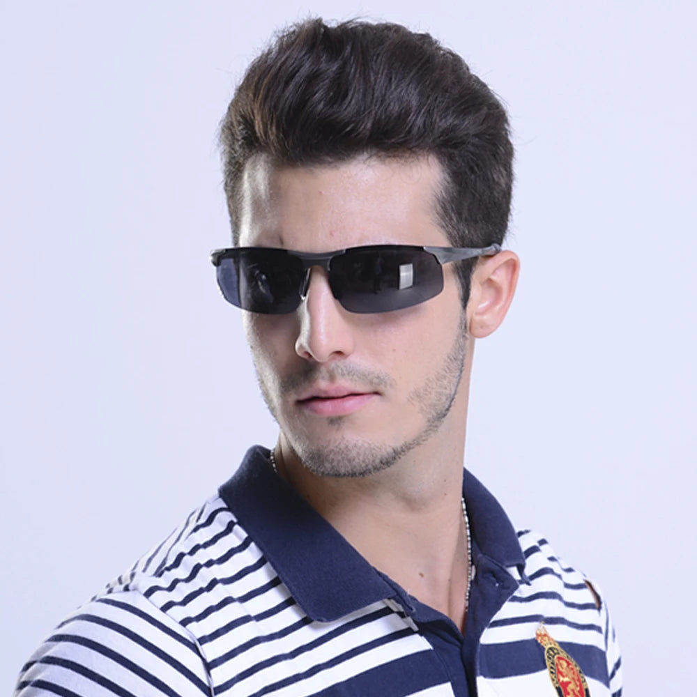 Fishing Sport Sunglasses Men Polarized UV400 Aluminum Rectangle Rimless Sun Glasses Photochromic Night Vision Eyewear